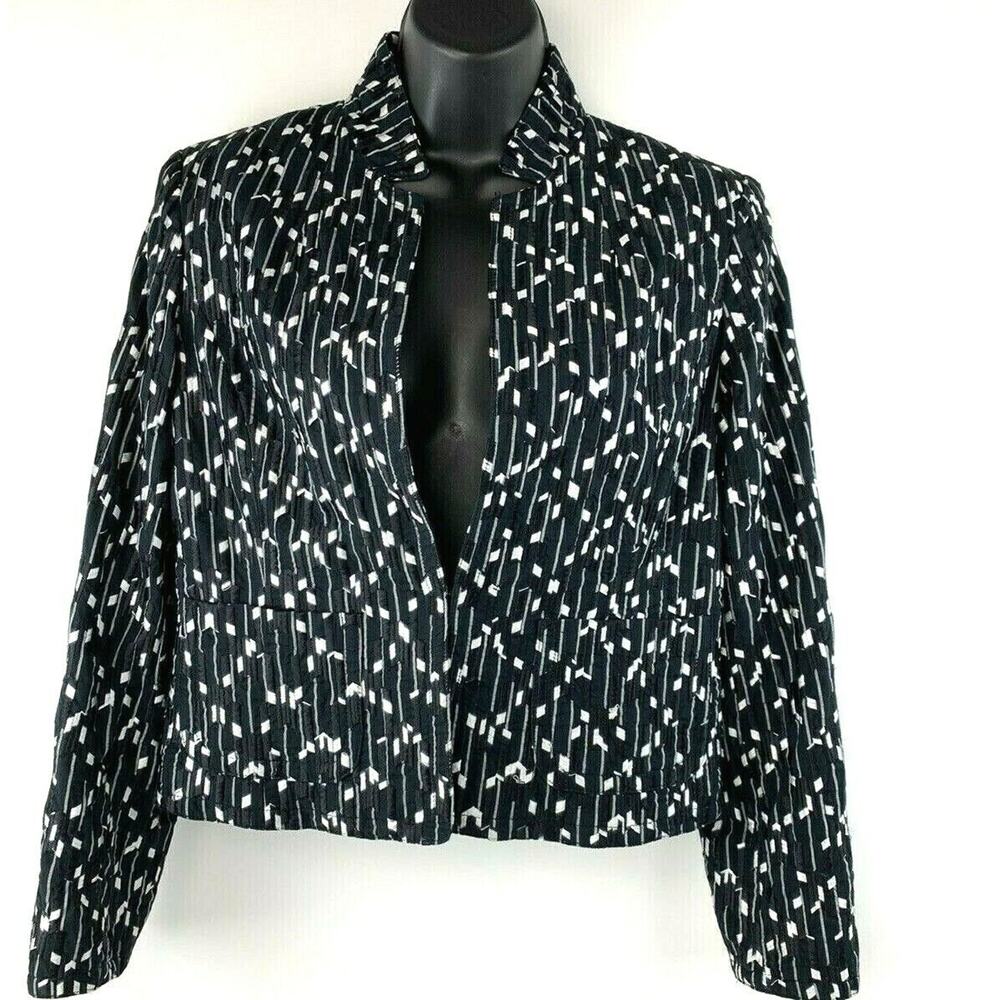 Womens Jones New York Blazer Black White Jacket Embroidered Open Front Petite 8